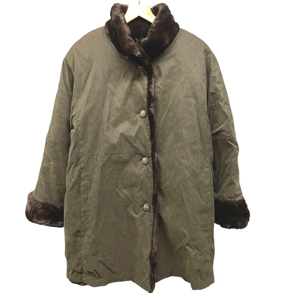 Jones New York Faux Fur Trim Coat Womens L Green Button Front Winter Cozy